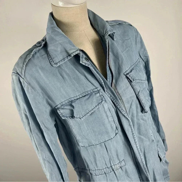 ❤️ BB Dakota Blue  Chambray Denim Hooded Jacket Sz XS Tencel Lightweight Cinched - Picture 3 of 10